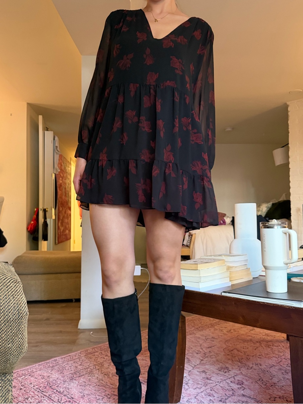 Zara baby doll dress with Burgundy Floral Print